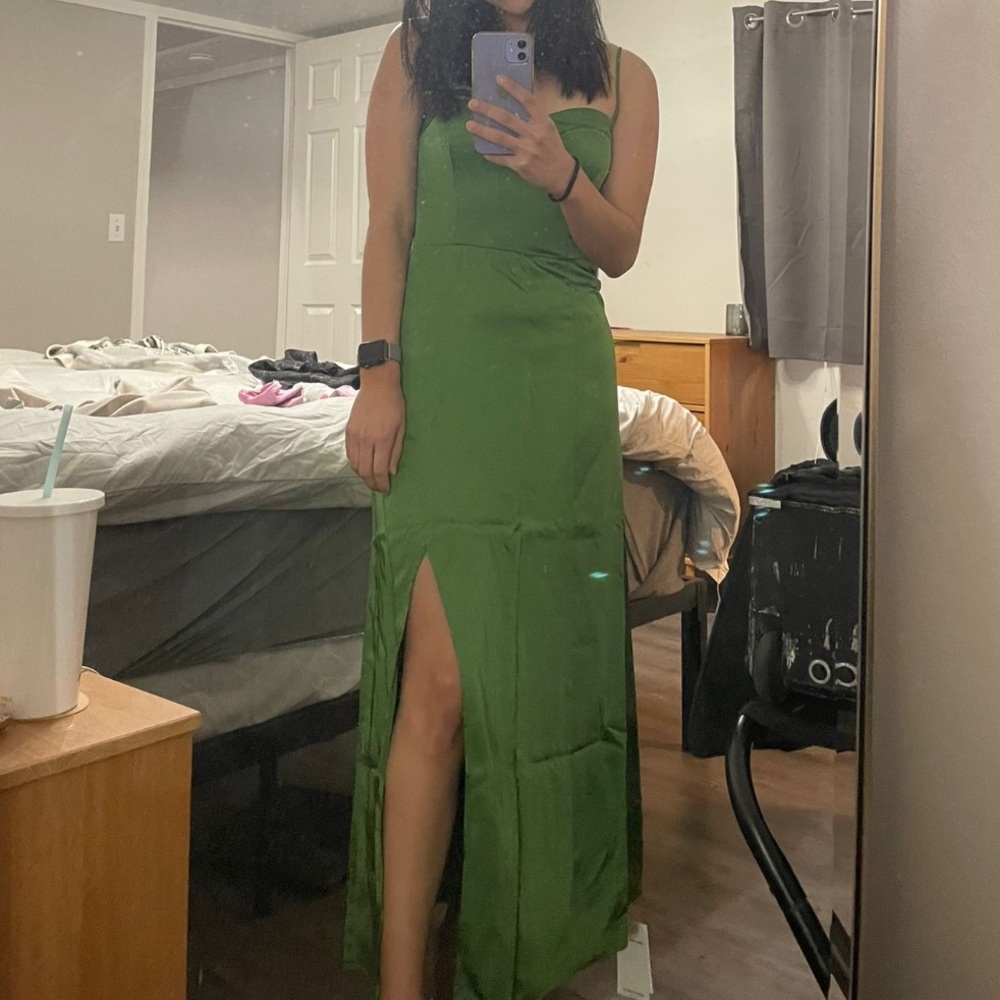 Abercrombie & Fitch Green Satin Midi Dress with Side Slit